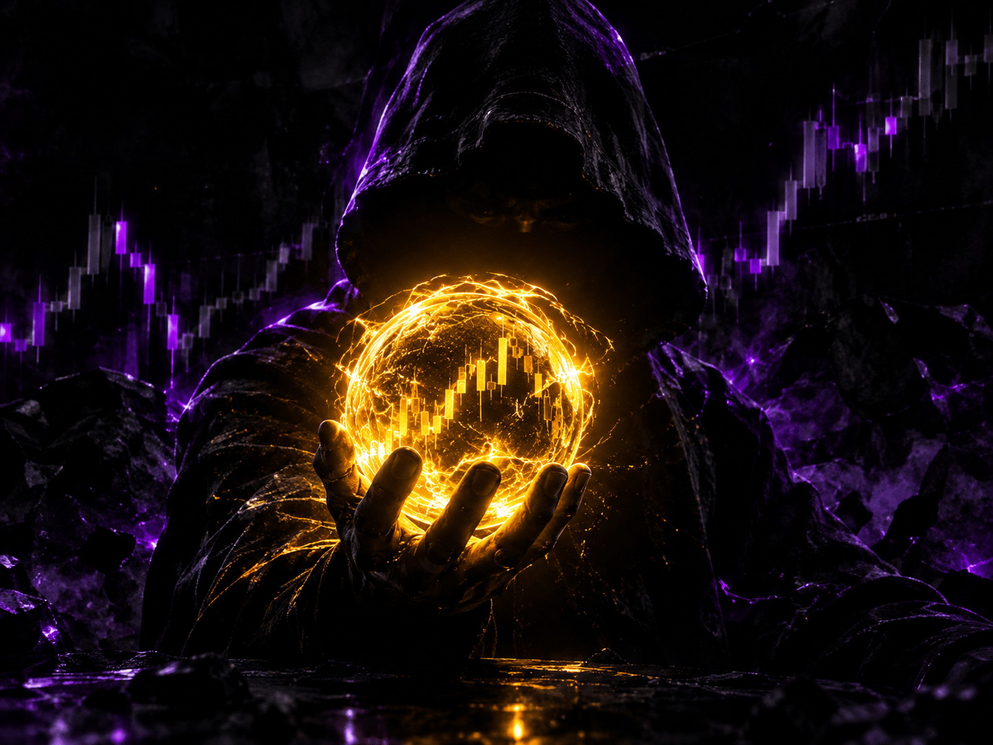 Hooded trader holding a glowing golden market orb