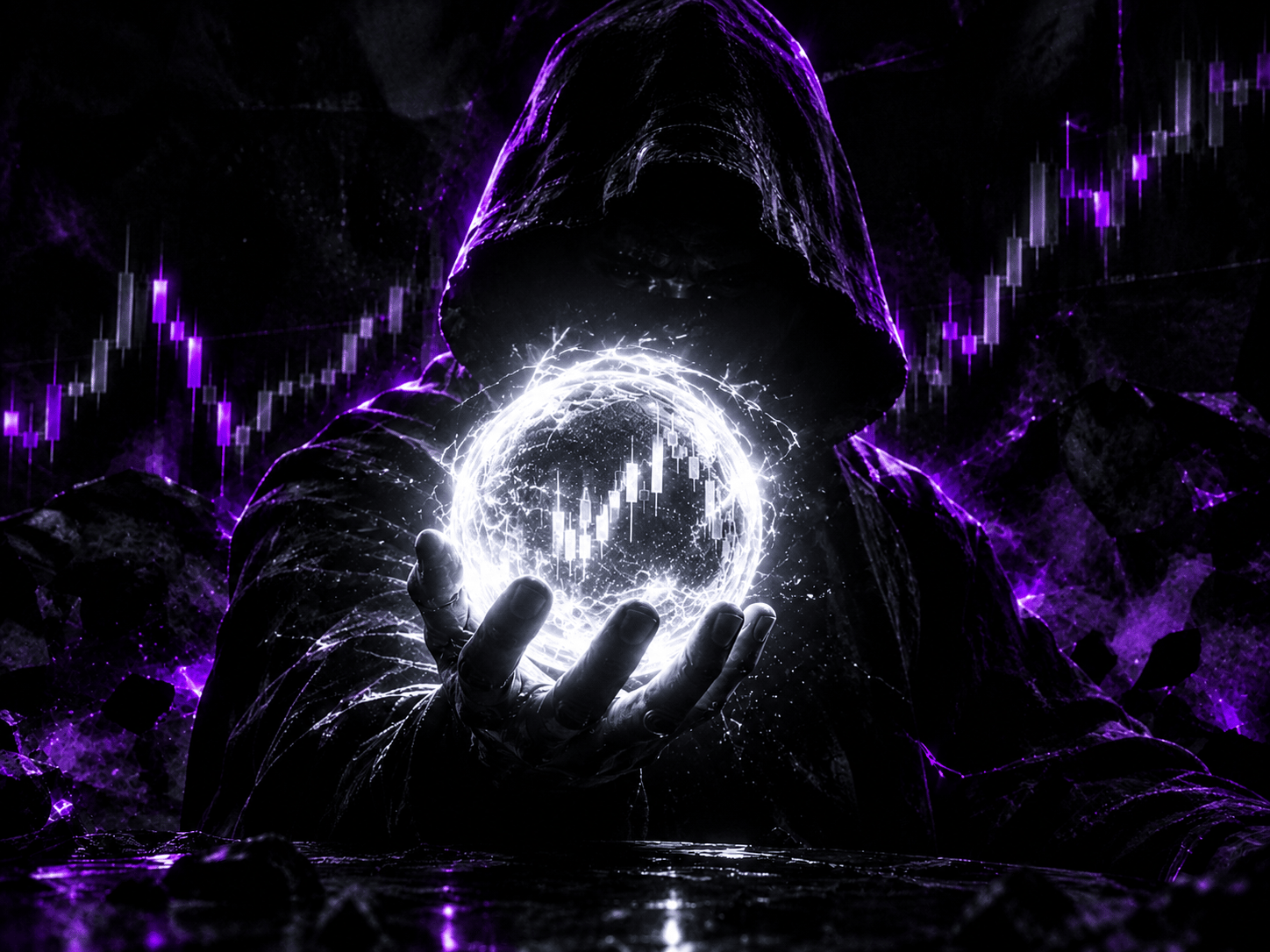 Hooded trader holding a glowing silver market orb